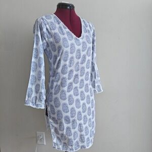 French Curve Organic Cotton Paisley Tunic Top Blue White Pom Pom‎ Trim Small
